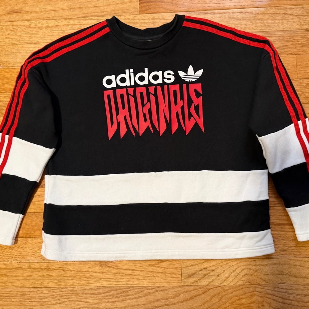 adidas Black White Crewneck with Red Logo & Stripe Accents